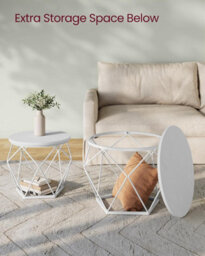 Songmics Modern Round Coffee Table Set, Pair Of End Tables With Removable Top, Steel Frame, Snow White And Cloud White - thumbnail 5