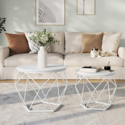 Modern Round Coffee Table Set, Pair Of End Tables With Removable Top, Steel Frame, Snow White And Cloud White