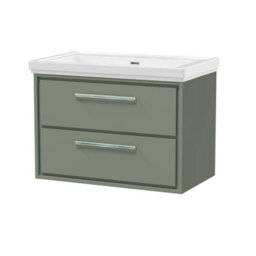 Balterley Longnor Modern Wall Hung 2-Drawer Bathroom Vanity With Fireclay Basin, Fern Green, 800mm - thumbnail 1
