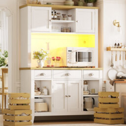 Btm Tall Led Storage Cabinet With Rgb Lighting Soft Close Doors Adjustable Shelves Baskets Wood Look Worktop White - thumbnail 4