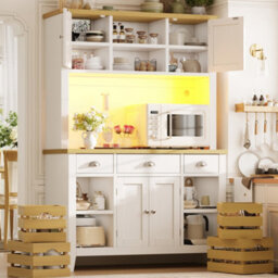 Btm Tall Led Storage Cabinet With Rgb Lighting Soft Close Doors Adjustable Shelves Baskets Wood Look Worktop White - thumbnail 6