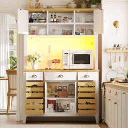 Btm Tall Led Storage Cabinet With Rgb Lighting Soft Close Doors Adjustable Shelves Baskets Wood Look Worktop White - thumbnail 7