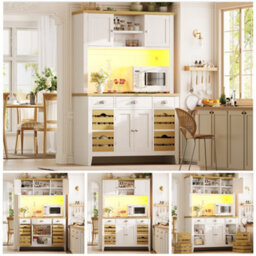 Btm Tall Led Storage Cabinet With Rgb Lighting Soft Close Doors Adjustable Shelves Baskets Wood Look Worktop White - thumbnail 2