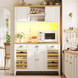 Btm Tall Led Storage Cabinet With Rgb Lighting Soft Close Doors Adjustable Shelves Baskets Wood Look Worktop White - thumbnail 3