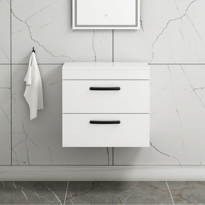 Royal Bathrooms 600mm Wall Hung Vanity Unit 2 Drawer Gloss White - Storage Cabinetwith Matt Black Handle - image 1