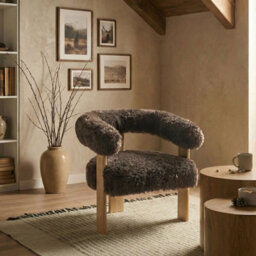 Wyld And Coco Elitehome Retro Armchair - Dark Brown Faux Fur Upholstery, Rubberwood Legs, W77 X D68 X H76Cm - thumbnail 2