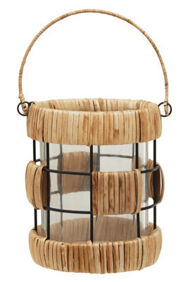 Orsina Natural Rattan Small Lantern, Rustic And Stylish Glass Lantern, Black Metal And Clear Glass Candle Lantern - image 1