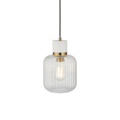 Luminosa Lighting Luminosa Travi Ribbed Slim Pendant Ceiling Light White Volakas Marble, Vintage Brass & Clear Ribbed Glass E27 - image 1