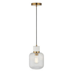 Luminosa Lighting Luminosa Travi Ribbed Slim Pendant Ceiling Light White Volakas Marble, Vintage Brass & Clear Ribbed Glass E27 - thumbnail 6