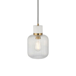 Luminosa Lighting Luminosa Travi Ribbed Slim Pendant Ceiling Light White Volakas Marble, Vintage Brass & Clear Ribbed Glass E27