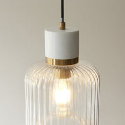 Luminosa Lighting Luminosa Travi Ribbed Slim Pendant Ceiling Light White Volakas Marble, Vintage Brass & Clear Ribbed Glass E27 - thumbnail 4