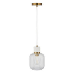 Luminosa Lighting Luminosa Travi Ribbed Slim Pendant Ceiling Light White Volakas Marble, Vintage Brass & Clear Ribbed Glass E27 - thumbnail 7