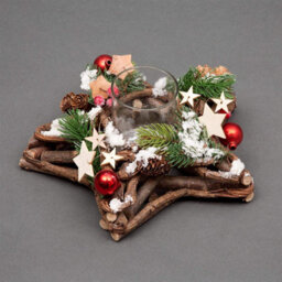 Shatchi Star Shape Wooden Candle Holder Tabletop Centrepiece Christmas Decorated With Red/silver Baubles, Berries And Cones - thumbnail 1