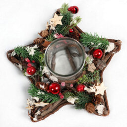 Shatchi Star Shape Wooden Candle Holder Tabletop Centrepiece Christmas Decorated With Red/silver Baubles, Berries And Cones - thumbnail 2