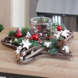Shatchi Star Shape Wooden Candle Holder Tabletop Centrepiece Christmas Decorated With Red/silver Baubles, Berries And Cones - thumbnail 6