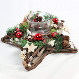 Shatchi Star Shape Wooden Candle Holder Tabletop Centrepiece Christmas Decorated With Red/silver Baubles, Berries And Cones - thumbnail 4