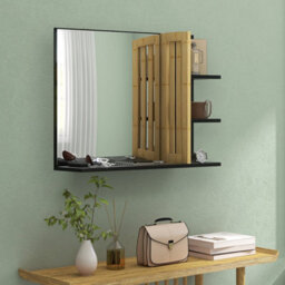 Homcom Bathroom Mirror Wall Mount Vanity Mirror With 4 Storage Shelves, Black - thumbnail 7