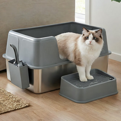Skylos Stainless Steel Cat Litter Box High Sided Litter Tray Scoop Pedal - image 1
