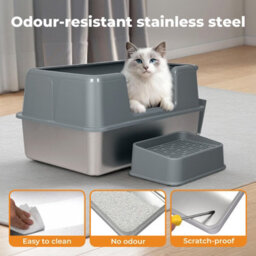 Skylos Stainless Steel Cat Litter Box High Sided Litter Tray Scoop Pedal - thumbnail 5