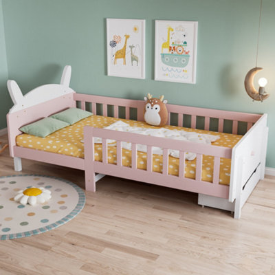 Matteo Rabbit-Shaped Wooden Single Bed Frame 3Ft - White & Pink With Storage Drawer - image 1