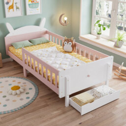 Matteo Rabbit-Shaped Wooden Single Bed Frame 3Ft - White & Pink With Storage Drawer - thumbnail 2
