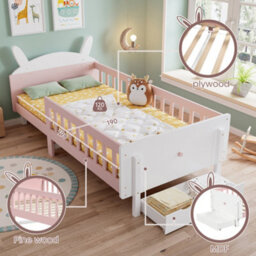Matteo Rabbit-Shaped Wooden Single Bed Frame 3Ft - White & Pink With Storage Drawer - thumbnail 5