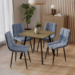 Urbn-Living Urbnliving 80Cm Rustic Oak Square Table With 4 Madison Blue Velvet Chairs  - thumbnail 3
