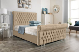 UKBEDFURNITURE Faye Beige Plush Valvet Upholstered Bed Frame - Slatted Base With 10 Inch Orthopedic Mattress - 48 Inch Headboard - thumbnail 1