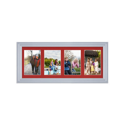 AK Frames 50X20Cm Silver Classic Multi Photo Frame With Crimson Mount - Holds 4 Apertures (4X) 6X4 Photos - image 1