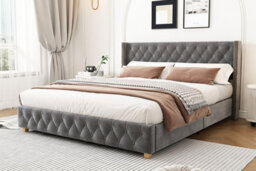 Btm Grey Velvet Double Bed 135X190Cm 4Ft6 Upholstered With Slatted Base Button Headboard Rivet Trim And Wooden Legs - thumbnail 4