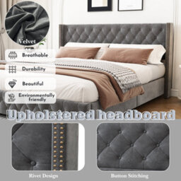 Btm Grey Velvet Double Bed 135X190Cm 4Ft6 Upholstered With Slatted Base Button Headboard Rivet Trim And Wooden Legs - thumbnail 7