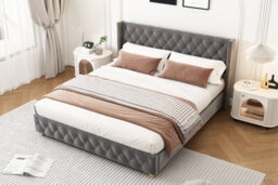 Btm Grey Velvet Double Bed 135X190Cm 4Ft6 Upholstered With Slatted Base Button Headboard Rivet Trim And Wooden Legs - thumbnail 5