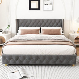 Btm Grey Velvet Double Bed 135X190Cm 4Ft6 Upholstered With Slatted Base Button Headboard Rivet Trim And Wooden Legs - thumbnail 3