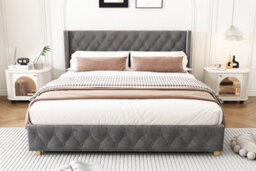 Btm Grey Velvet Double Bed 135X190Cm 4Ft6 Upholstered With Slatted Base Button Headboard Rivet Trim And Wooden Legs - thumbnail 6