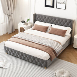Btm Grey Velvet Double Bed 135X190Cm 4Ft6 Upholstered With Slatted Base Button Headboard Rivet Trim And Wooden Legs - thumbnail 2