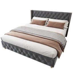 Btm Grey Velvet Double Bed 135X190Cm 4Ft6 Upholstered With Slatted Base Button Headboard Rivet Trim And Wooden Legs - thumbnail 8