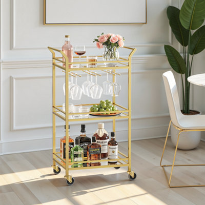 LEDREM Home Bar Serving Cart, Bar Cart, Small Bar Cart With 3-Tier Shelf, Glass Holders, Mini Bar Cart For Small Spaces, Gold - image 1