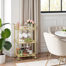LEDREM Home Bar Serving Cart, Bar Cart, Small Bar Cart With 3-Tier Shelf, Glass Holders, Mini Bar Cart For Small Spaces, Gold - thumbnail 3