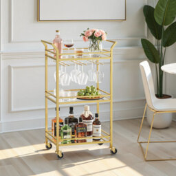 LEDREM Home Bar Serving Cart, Bar Cart, Small Bar Cart With 3-Tier Shelf, Glass Holders, Mini Bar Cart For Small Spaces, Gold - thumbnail 1