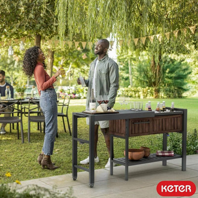 Keter Rosewood Expandable Garden Hosting Station Outdoor Bar Cart With Pull-Out Extension, Hpl Prep Surface & Drink Storage - image 1
