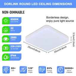 Pheashine White Square Ip44 Led Flush Mount Ceiling Light 32W 25Cm 6500K Cool White For Bathroom,kitchen,hallway - thumbnail 3