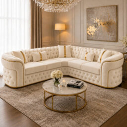 Stratus Interiors Ambassador Sofa Chesterfield Toronto Metal Trim Fabric - Frill Design - L Shape Corner - Gold Trim