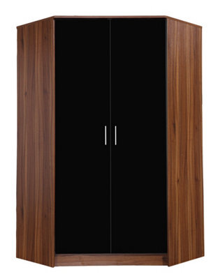 Reflect 2 Door Corner Wardrobe - Black Gloss & Walnut - 2 Hanging Rails & 8 Shelves - H: 180Cm X W: 103Cm - Modern Design - image 1
