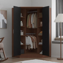 Reflect 2 Door Corner Wardrobe - Black Gloss & Walnut - 2 Hanging Rails & 8 Shelves - H: 180Cm X W: 103Cm - Modern Design - thumbnail 4