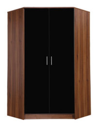 Reflect 2 Door Corner Wardrobe - Black Gloss & Walnut - 2 Hanging Rails & 8 Shelves - H: 180Cm X W: 103Cm - Modern Design - thumbnail 1