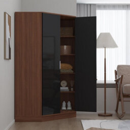 Reflect 2 Door Corner Wardrobe - Black Gloss & Walnut - 2 Hanging Rails & 8 Shelves - H: 180Cm X W: 103Cm - Modern Design - thumbnail 2