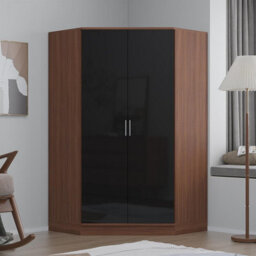Reflect 2 Door Corner Wardrobe - Black Gloss & Walnut - 2 Hanging Rails & 8 Shelves - H: 180Cm X W: 103Cm - Modern Design - thumbnail 3