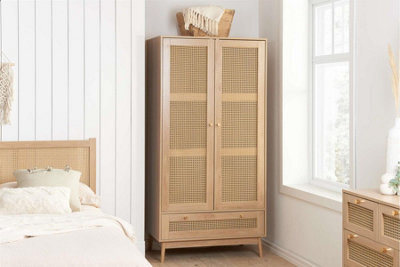 Brown Oak 2 Door Wardrobe Rattan 1 Drawer Mid Century Modern - image 1