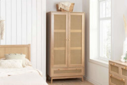 Brown Oak 2 Door Wardrobe Rattan 1 Drawer Mid Century Modern