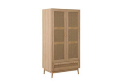 Brown Oak 2 Door Wardrobe Rattan 1 Drawer Mid Century Modern - thumbnail 6